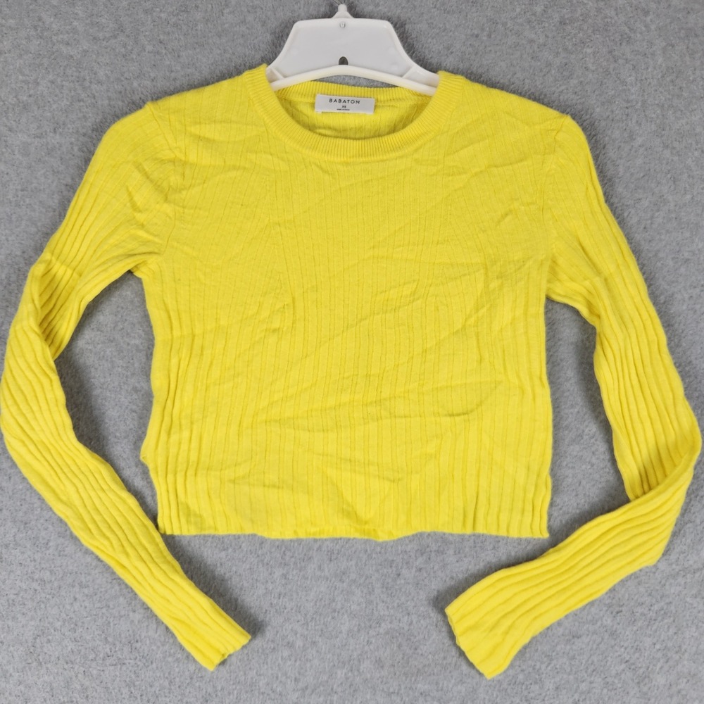 Babaton Cropped Knit Top Womens XS Yellow Wool Blend Ribbed Long Sleeve Crewneck